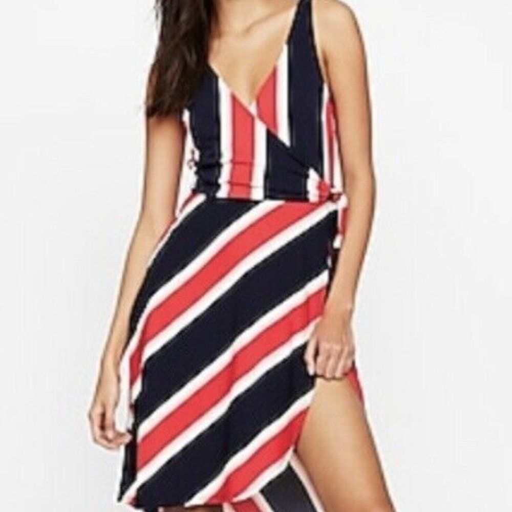 Express Patriotic Fourth of July Red White and Blue Faux Wrap Dress EUC size S